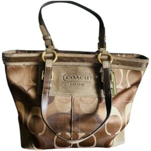 Coach Lilia Signature Sparkle Suede Canvas Beaded Metallic Brown Tote Bag